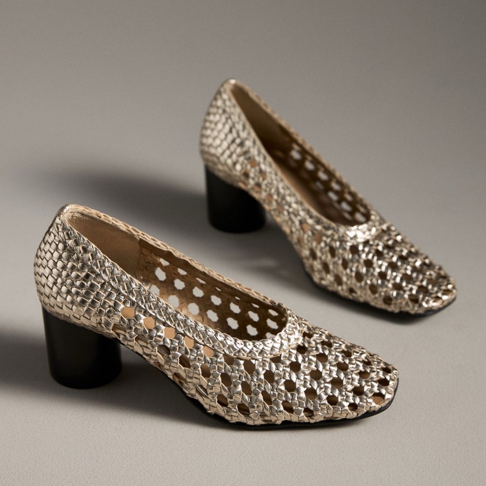 Pilcro Gold Woven Block Heel Shoes